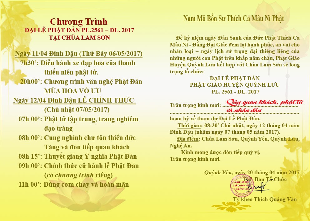 Thiệp mời Phật đản huyện Quỳnh Lưu