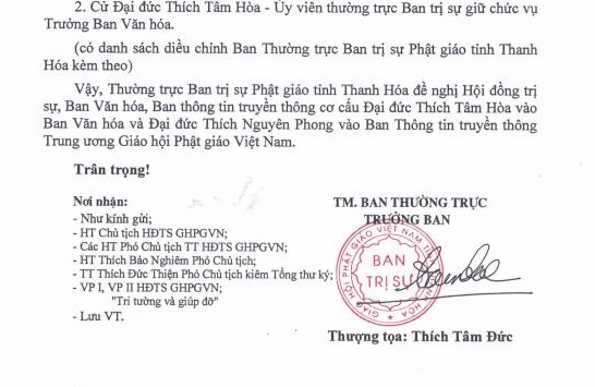 Điều chỉnh nhân sự BTS GHPGVN tỉnh Thanh Hóa