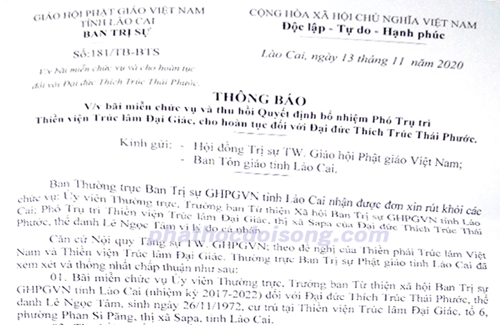 Lào Cai: Bãi miễn chức vụ và cho hoàn tục đối với ông Lê Ngọc Tâm