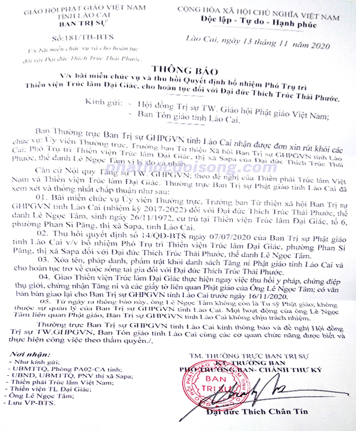 Lào Cai: Bãi miễn chức vụ và cho hoàn tục đối với ông Lê Ngọc Tâm