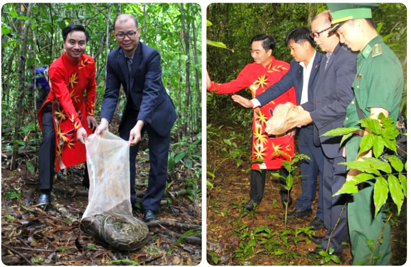 Bí thư Tỉnh Đoàn Bình Phước Trần Quốc Duy (áo dài đỏ) cùng ông Sok Dareth, Tổng lãnh sự Campuchia tại TP HCM (hình phải, thứ 2 từ trái sang) cùng thả trăn về lại rừng