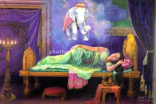 Băng rôn Hoàng hậu Maya nằm mộng thấy voi trắng sáu ngà nhập vào thai tạng image-1731945771161