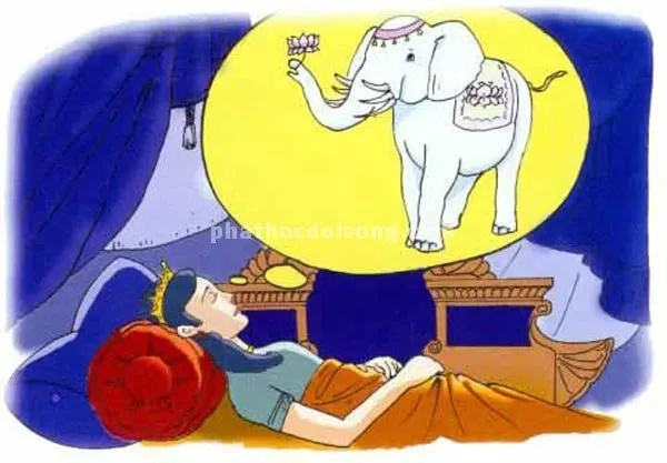 Băng rôn Hoàng hậu Maya nằm mộng thấy voi trắng sáu ngà nhập vào thai tạng image-1731945771849