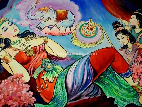 Băng rôn Hoàng hậu Maya nằm mộng thấy voi trắng sáu ngà nhập vào thai tạng image-1731945772470