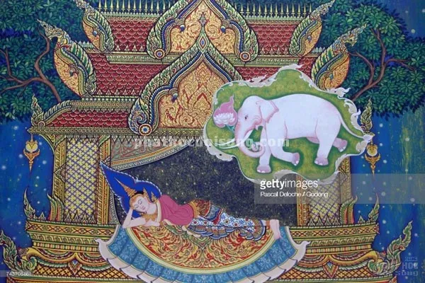 Băng rôn Hoàng hậu Maya nằm mộng thấy voi trắng sáu ngà nhập vào thai tạng image-1731945773148