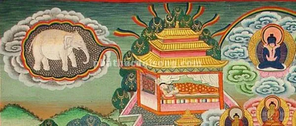Băng rôn Hoàng hậu Maya nằm mộng thấy voi trắng sáu ngà nhập vào thai tạng image-1731945773794