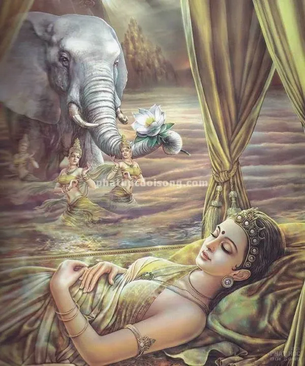 Băng rôn Hoàng hậu Maya nằm mộng thấy voi trắng sáu ngà nhập vào thai tạng image-1731945774437