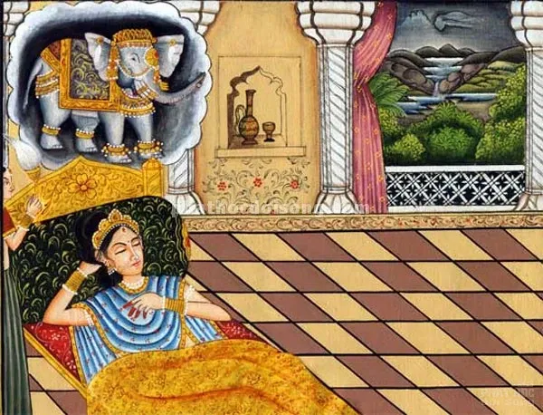 Băng rôn Hoàng hậu Maya nằm mộng thấy voi trắng sáu ngà nhập vào thai tạng image-1731945775152