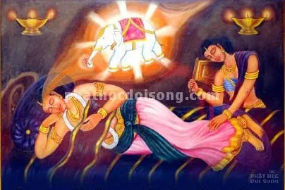 Băng rôn Hoàng hậu Maya nằm mộng thấy voi trắng sáu ngà nhập vào thai tạng image-1731945775797