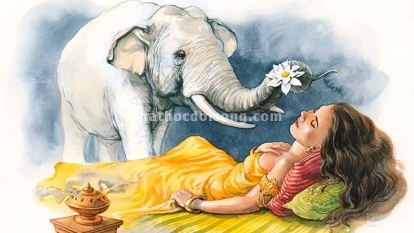 Băng rôn Hoàng hậu Maya nằm mộng thấy voi trắng sáu ngà nhập vào thai tạng image-1731945778827