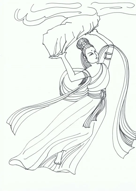 The goddess and creator of the Chinese race, Nü Wa, mends the heavens with molten rock. (Randi Xu/Epoch Times) Những nhân vật anh hùng thiên cổ: Phục Hy sáng thế image-1731748686877