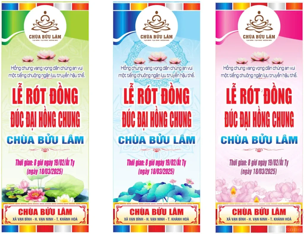 Khánh Hòa: Sắp tới có Lễ Đúc Đại Hồng Chung Chùa Bửu Lâm – Dấu Ấn Tâm Linh Tại Vạn Ninh 1 Mẫu thiết băng rôn biểu ngữ Lễ rót đồng đúc Đại hồng chung chùa Bửu Lâm