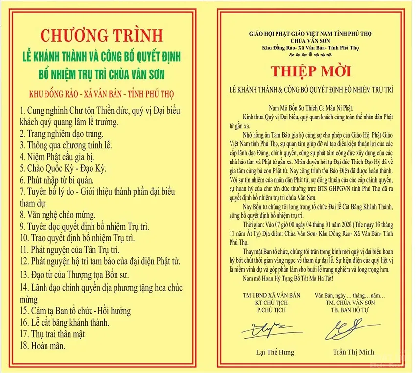 Thiệp mời, thiệp thỉnh khánh thành chùa Vân Sơn